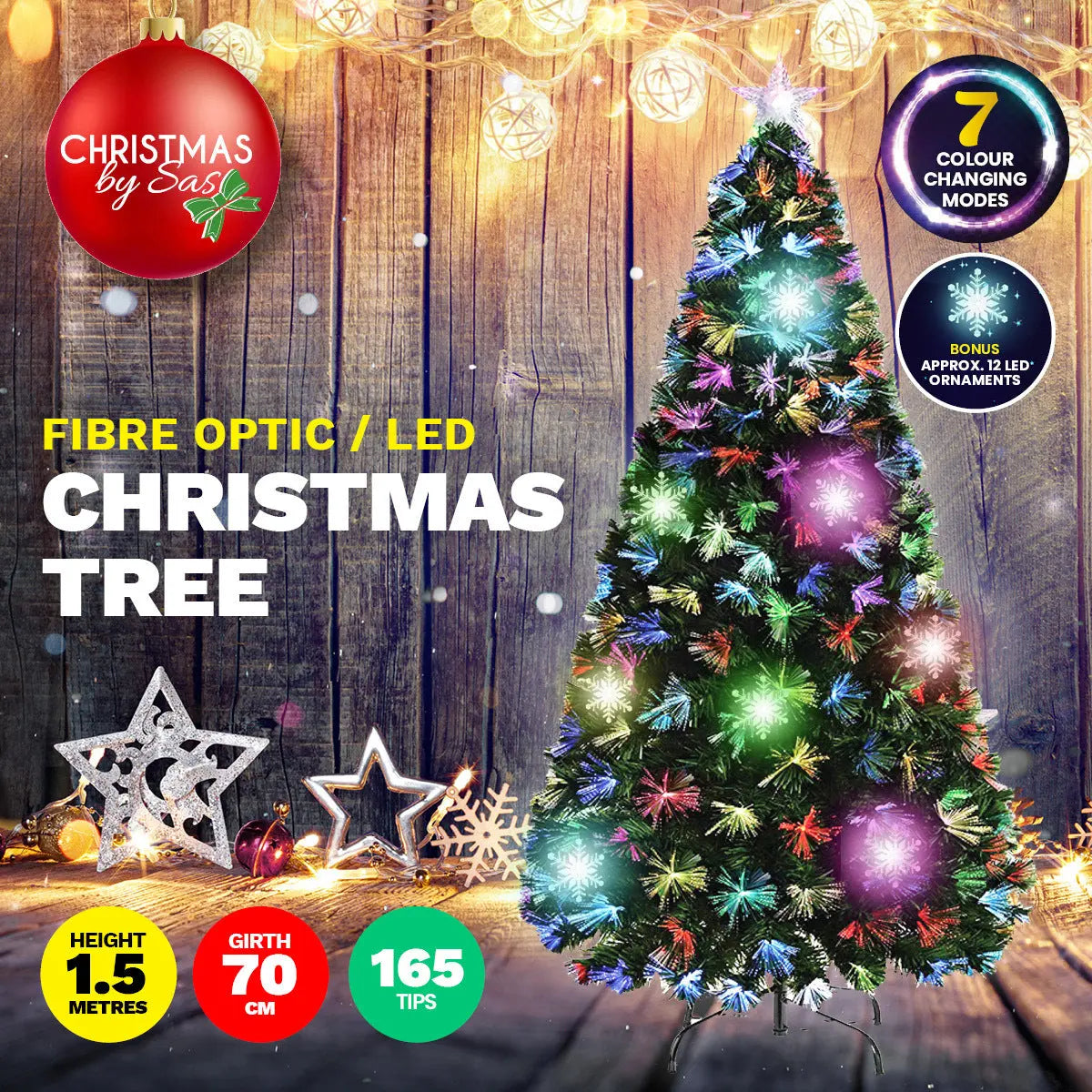 Christmas By Sas 1.5m Fibre Optic/LED Christmas Tree 165 Tips Multicolour Star & Ornaments Deals499