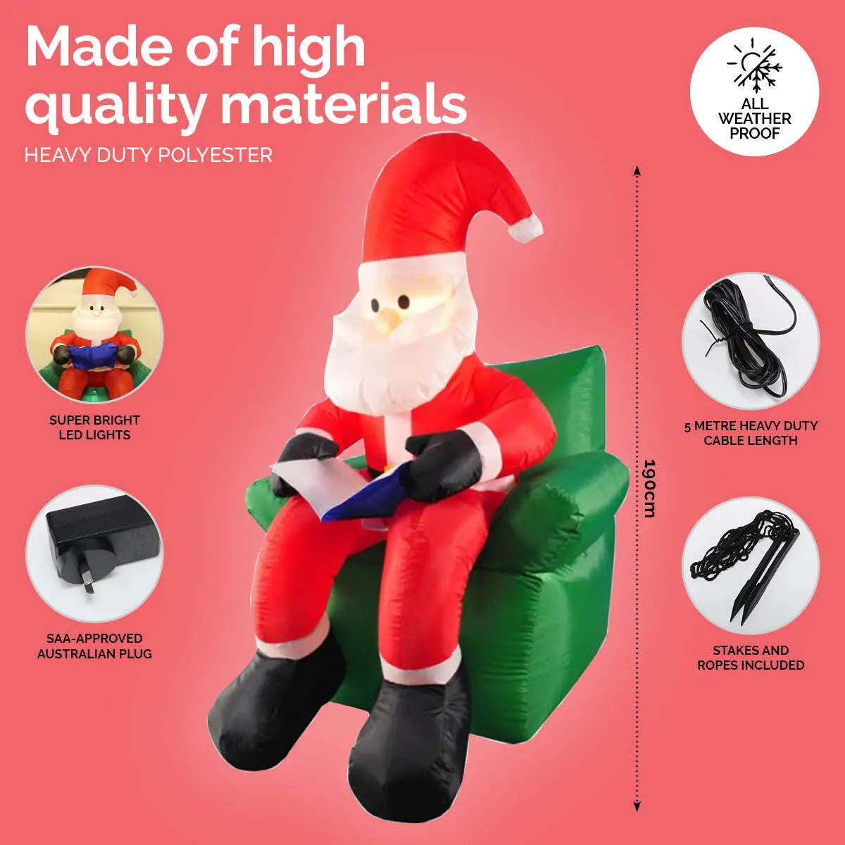 Christmas By Sas 1.9m Santa & His Reading Chair Self Inflating LED Lighting Deals499
