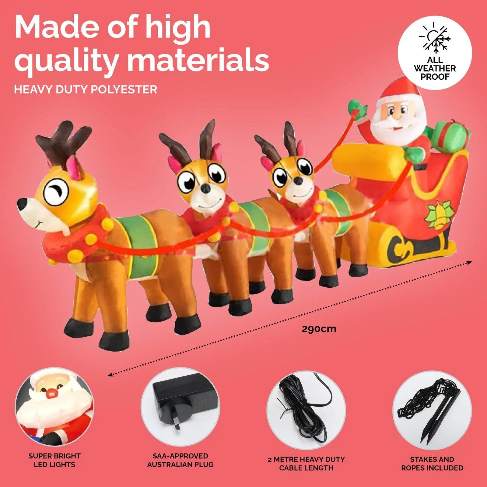 Christmas By Sas 2.9m Santa Reindeers & Sleigh Built-In Blower LED Lighting Deals499