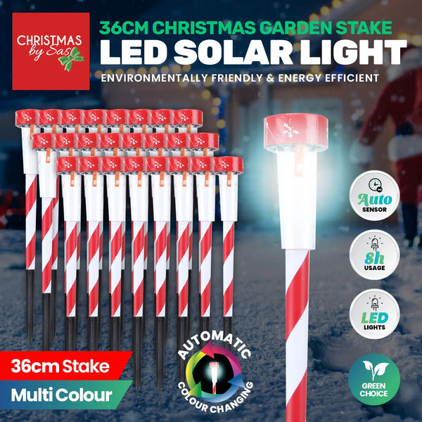 Christmas By Sas 24PCE Solar Stakes Red & White Striped Colour Changing 36cm Deals499