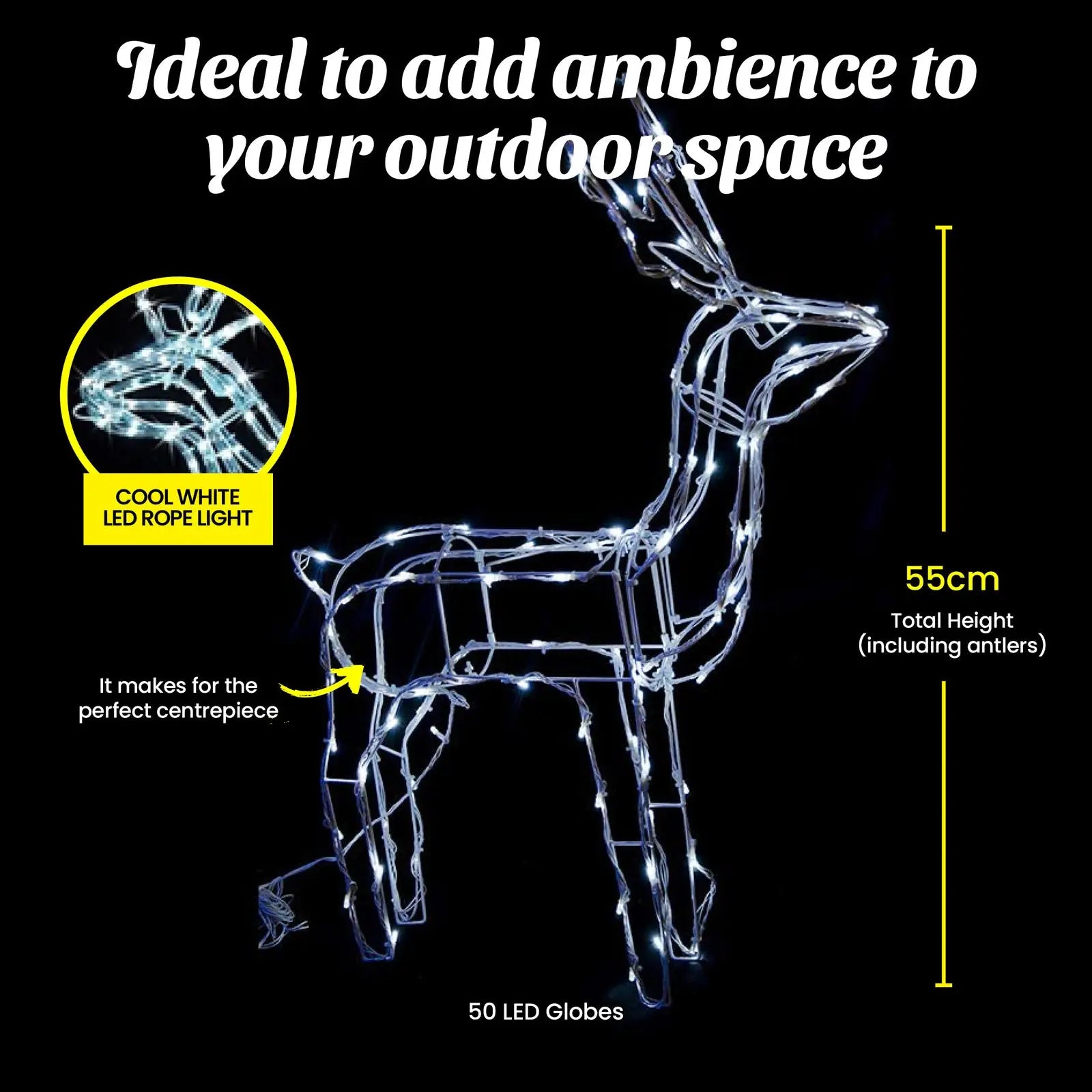Christmas By Sas 55cm Reindeer Rope Light Solar LED Cool White Auto Sensor Deals499