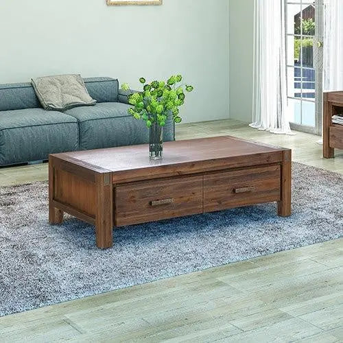 Coffee Table Solid Acacia Wood & Veneer 2 Drawers Storage Oak Colour Deals499