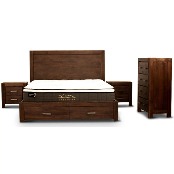 Comfortis 4pc Queen Bed Frame Suite Bedside Tallboy Furniture Package - Walnut Deals499