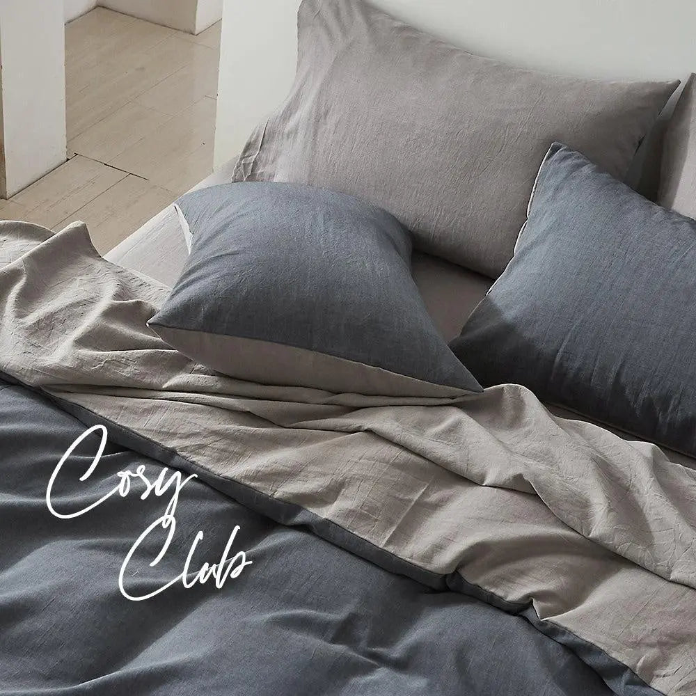 Cosy Club Quilt Cover Set Cotton Duvet Queen Blue Dark Grey Deals499