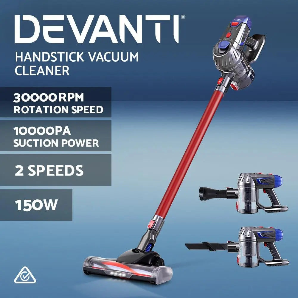 Devanti Handheld Vacuum Cleaner Cordless Stick Handstick Vac Bagless 2-Speed Headlight Red Deals499