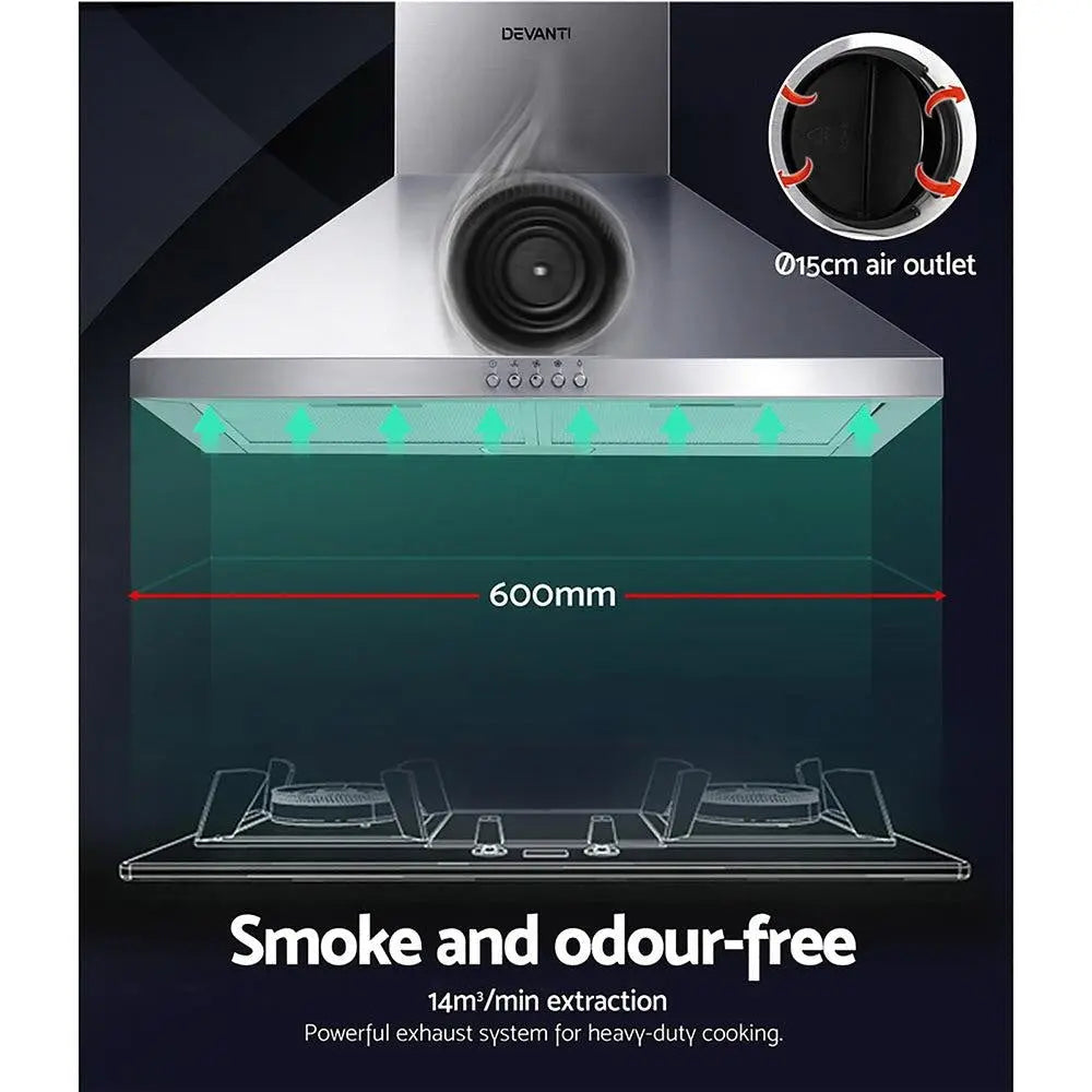 Devanti Range Hood 60cm 600mm Kitchen Canopy Stainless Steel Rangehood Wall Mount Deals499