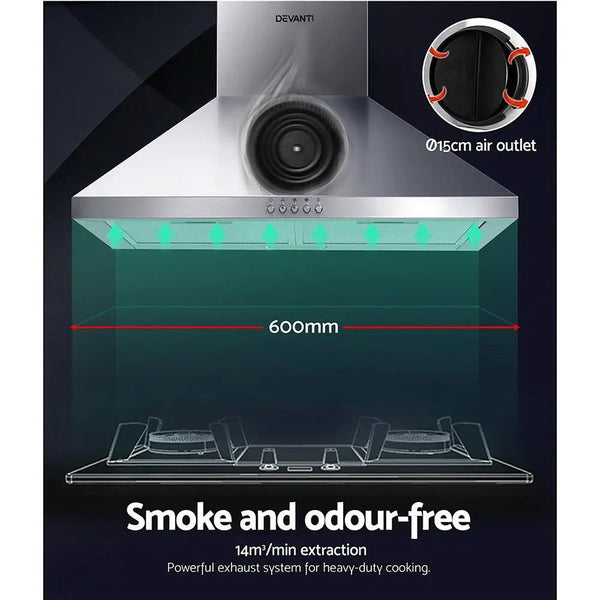 Devanti Range Hood 60cm 600mm Kitchen Canopy Stainless Steel Rangehood Wall Mount Deals499
