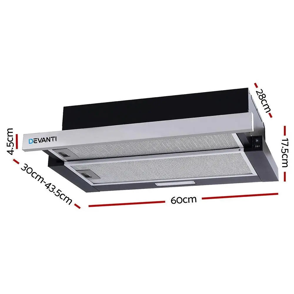 Devanti Rangehood Range Hood Stainless Steel Slide Out Kitchen Canopy 60cm 600mm Black Deals499