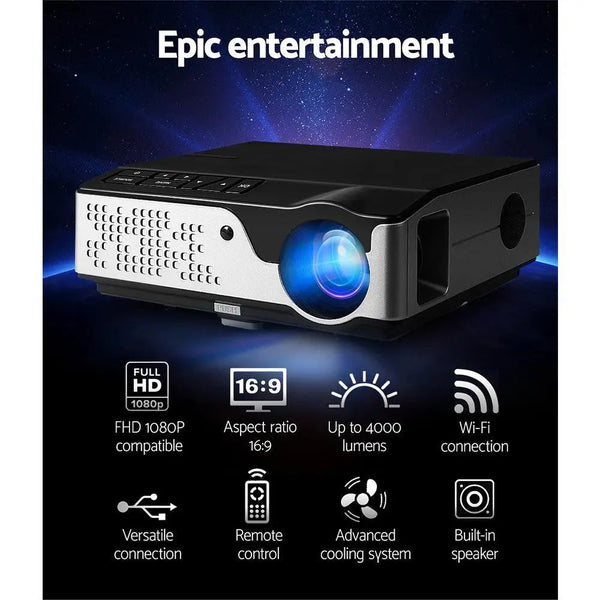 Devanti Video Projector Wifi USB Portable 4000 Lumens HD 1080P Home Theater Black Deals499