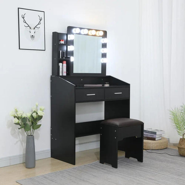 Diana Vanity Set with Shelves Cushioned Stool and Lighted Mirror- Black Deals499