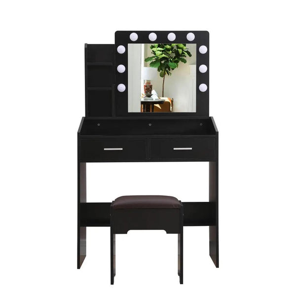 Diana Vanity Set with Shelves Cushioned Stool and Lighted Mirror- Black Deals499
