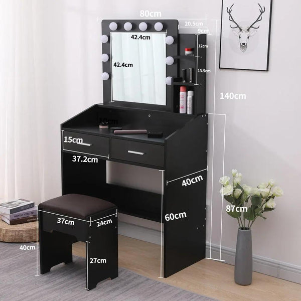 Diana Vanity Set with Shelves Cushioned Stool and Lighted Mirror- Black Deals499