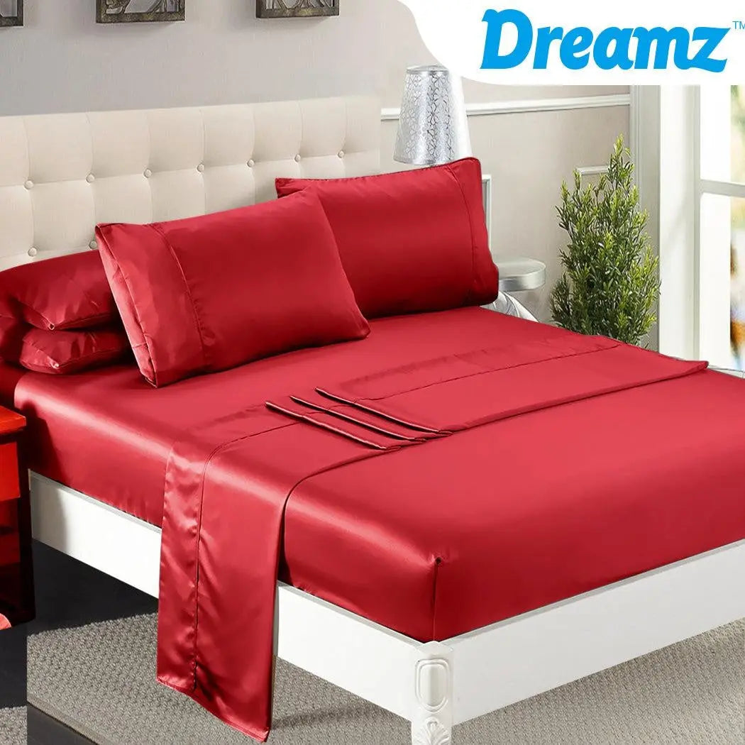 DreamZ Ultra Soft Silky Satin Bed Sheet Set in King Single Size Burgundy Colour Deals499