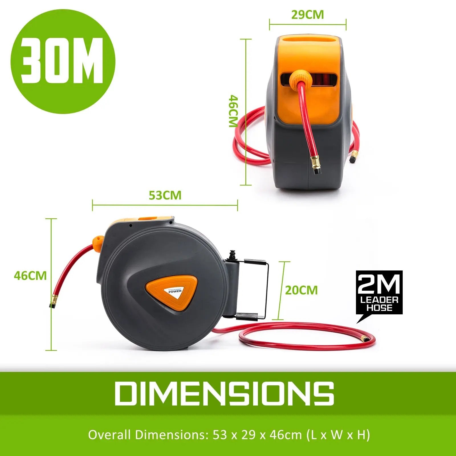 Dynamic Power Air Hose Retractable Reel Auto Rewind Heavy Duty Wall Mounted 30m Deals499