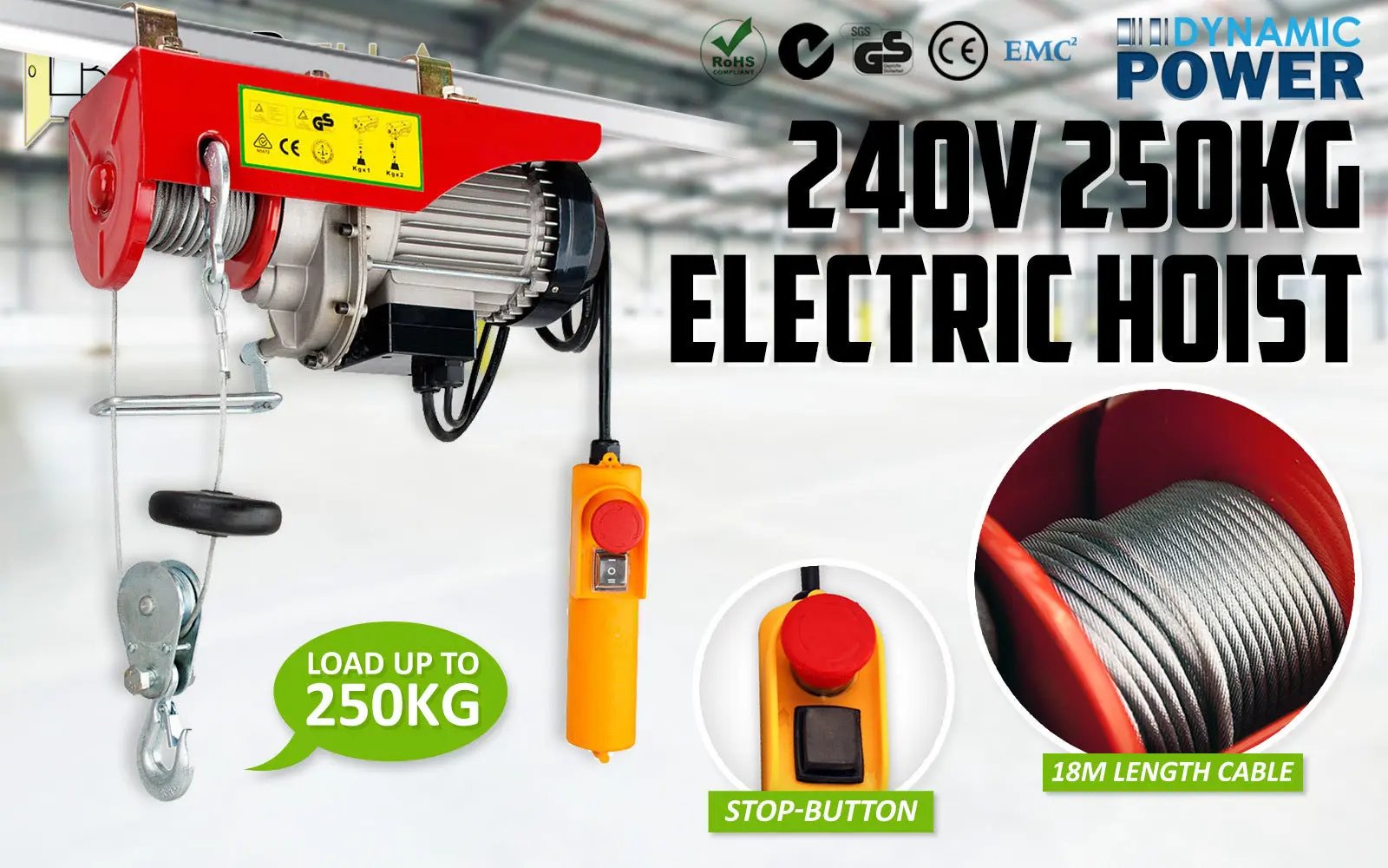 Dynamic Power Electric Hoist Remote Chain Lift 240V 510w 125/250KG Deals499