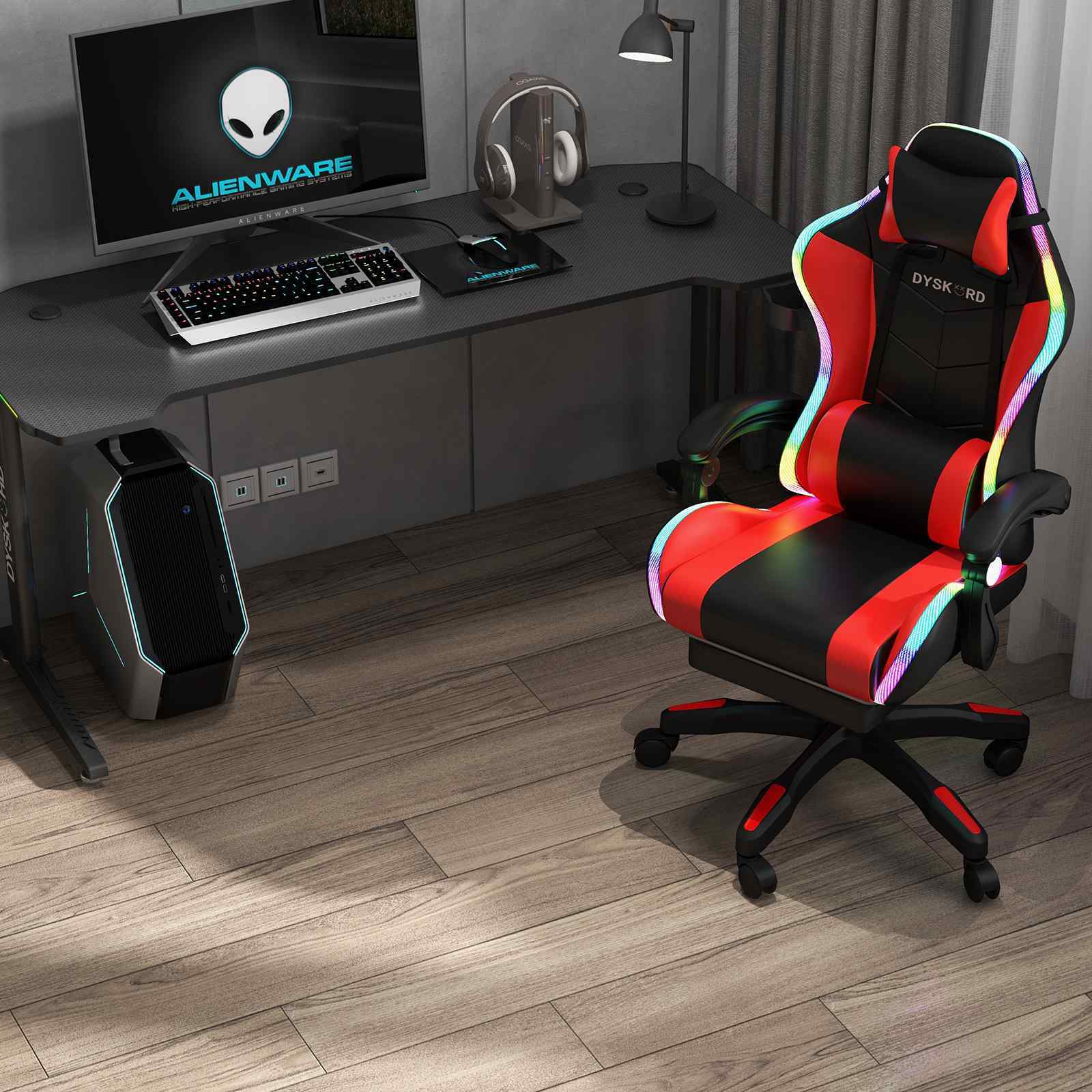 Dyskord Gaming Chair RGB LED Lighting Leg Rest Vibrating Lumbar Support Padded Deals499