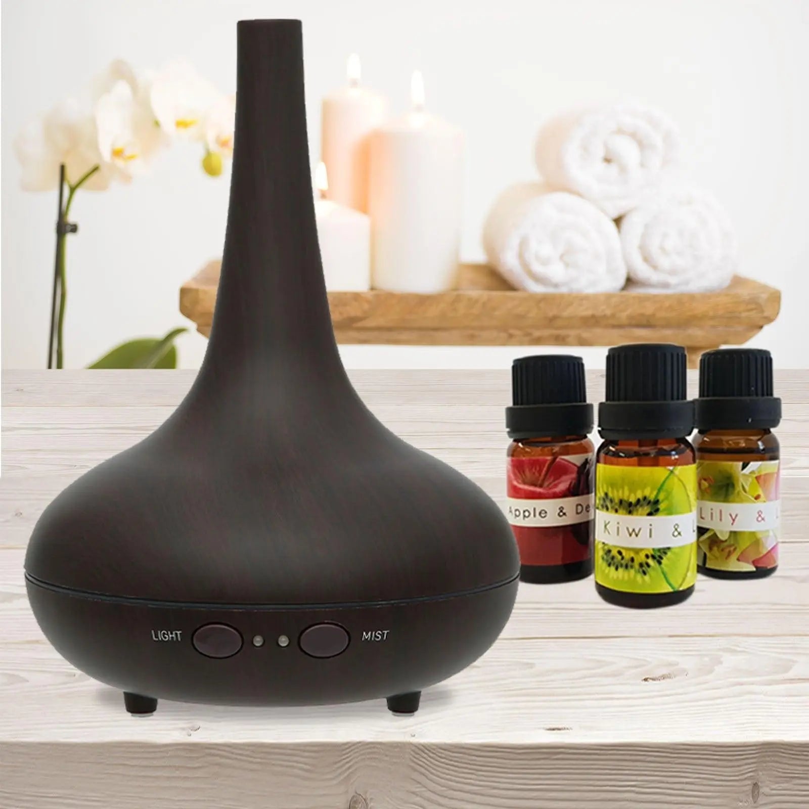 Essential Oil Diffuser Ultrasonic Humidifier Aromatherapy LED Light 200ML 3 Oils 15 x 15 x 20cm Dark Wood Grain Deals499