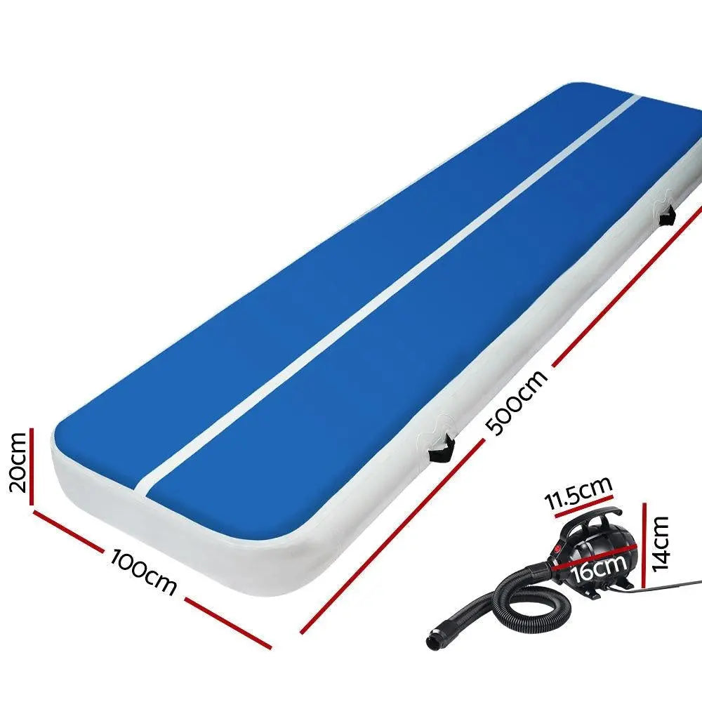 Everfit 5X1M Inflatable Air Track Mat 20CM Thick with Pump Tumbling Gymnastics Blue Deals499
