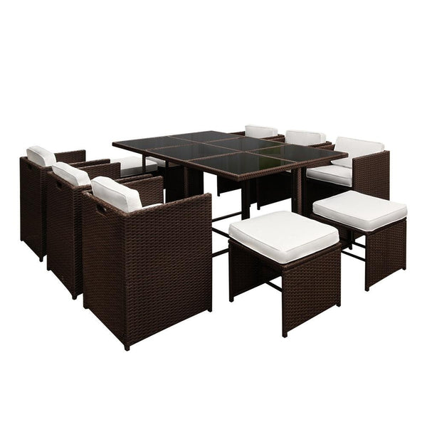 Gardeon 11 Piece PE Wicker Outdoor Dining Set - Brown & White Deals499