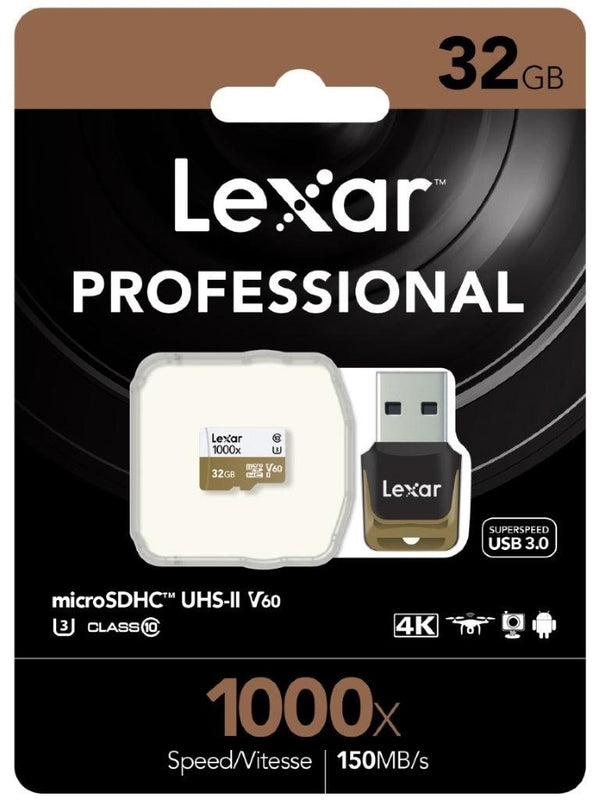 LEXAR Professional 1000x 32GB microSDHC UHS-II Card - Up to 150MB/s Read/90MBs Write/ UHS-II Card Adapter/ U3 C10 V60/ 1080p HD/3D/4K Video (LS) LEXAR