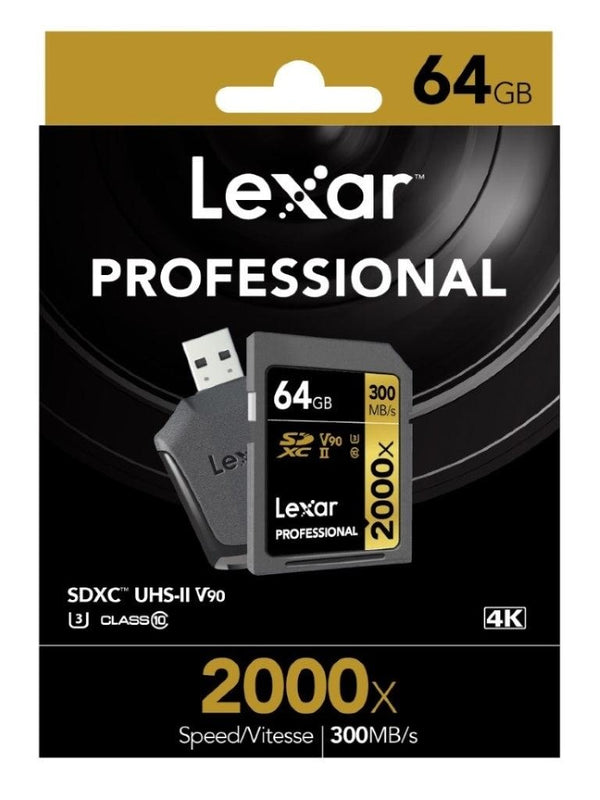 LEXAR Professional 2000x 64GB SDXC UHS-II Card - Up to 300MBs Read/U3 C10 V90/USB 3.0 Reader/SD UHS-II Reader/1080p HD/3D/4K Video(LS) LEXAR