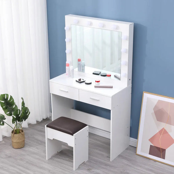 Fidel Vanity Set with Cushioned Stool and Lighted Mirror- White Deals499