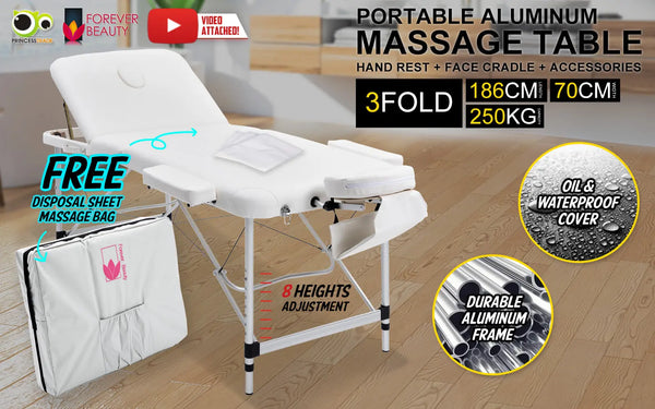 Forever Beauty White Portable Beauty Massage Table Bed Therapy Waxing 3 Fold 70cm Aluminium Deals499