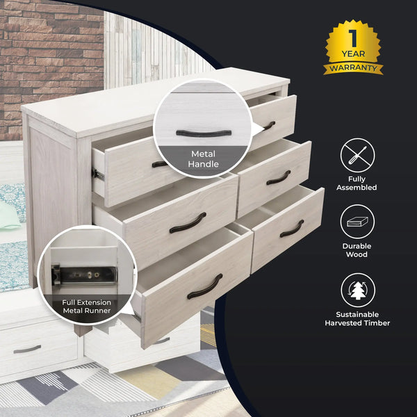 Foxglove Dresser 6 Chest of Drawers Solid Wood Tallboy Storage Cabinet - White Deals499