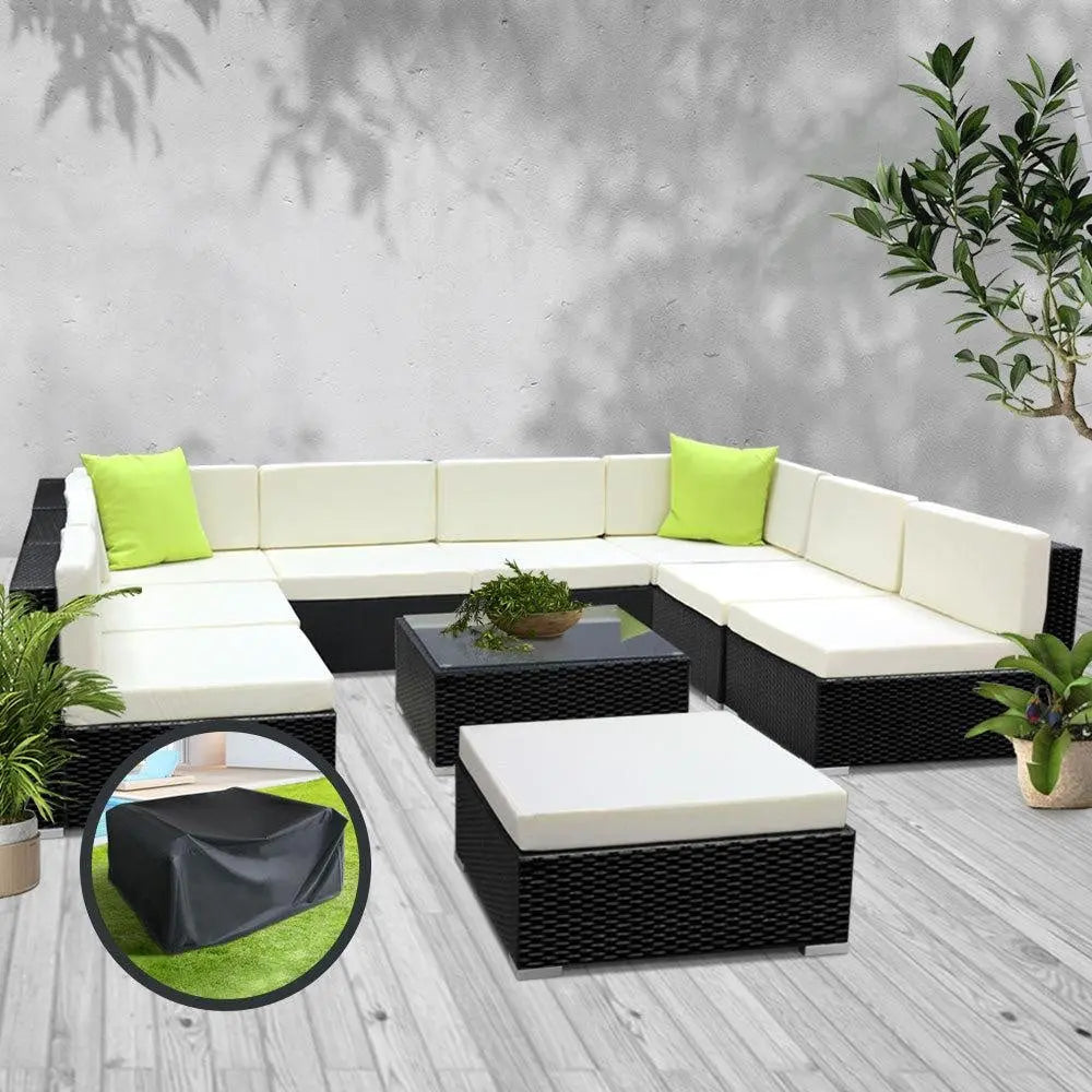 Gardeon 10PC Sofa Set with Storage Cover Outdoor Furniture Wicker Deals499