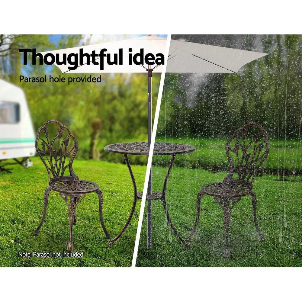 Gardeon 3PC Outdoor Setting Cast Aluminium Bistro Table Chair Patio Bronze Deals499