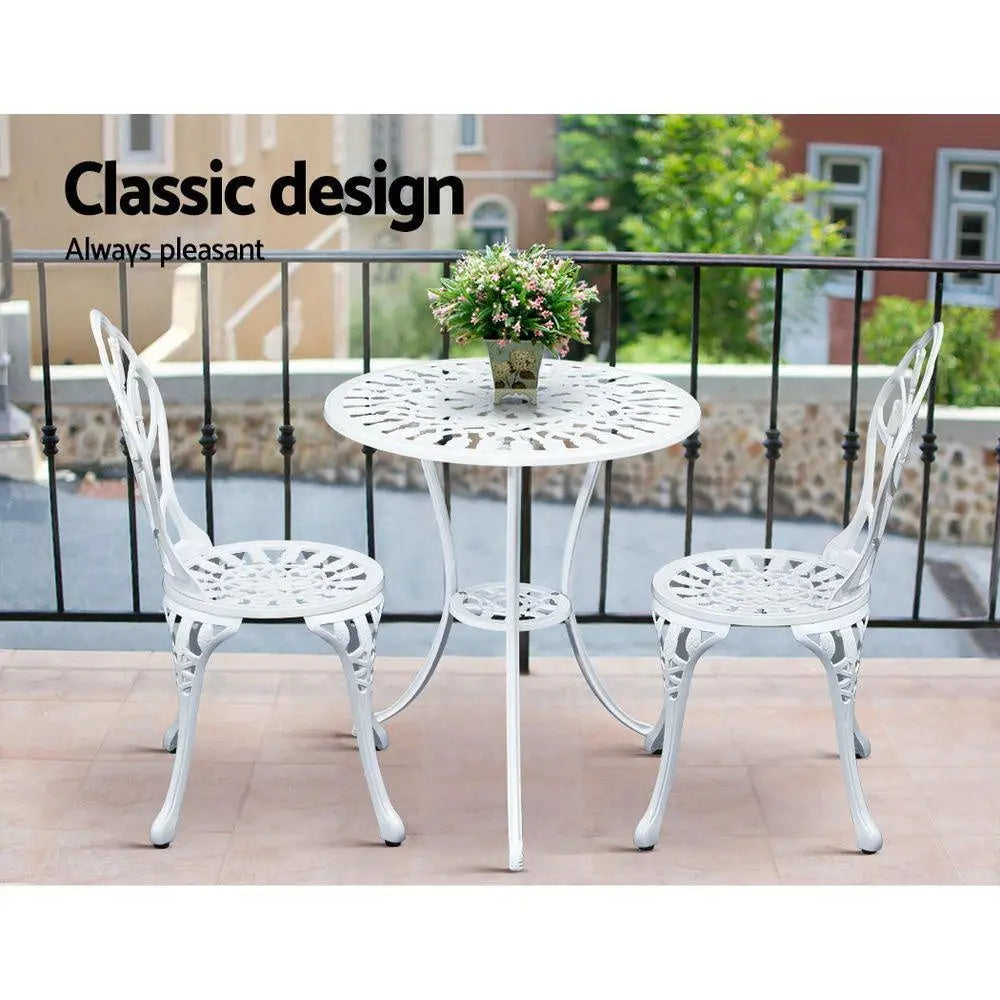 Gardeon 3PC Outdoor Setting Cast Aluminium Bistro Table Chair Patio White Deals499