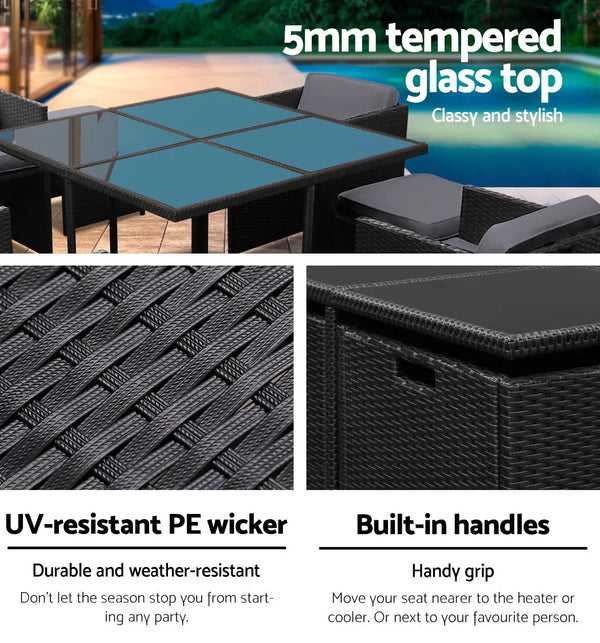 Gardeon 9 Piece Wicker Outdoor Dining Set - Black & Grey Deals499