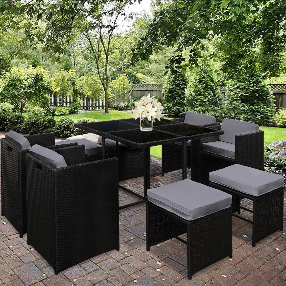 Gardeon 9 Piece Wicker Outdoor Dining Set - Black & Grey Deals499