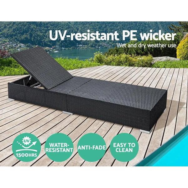 Gardeon Sun Lounge Wicker Lounger Outdoor Furniture Rattan Garden Day Bed Sofa Black Deals499