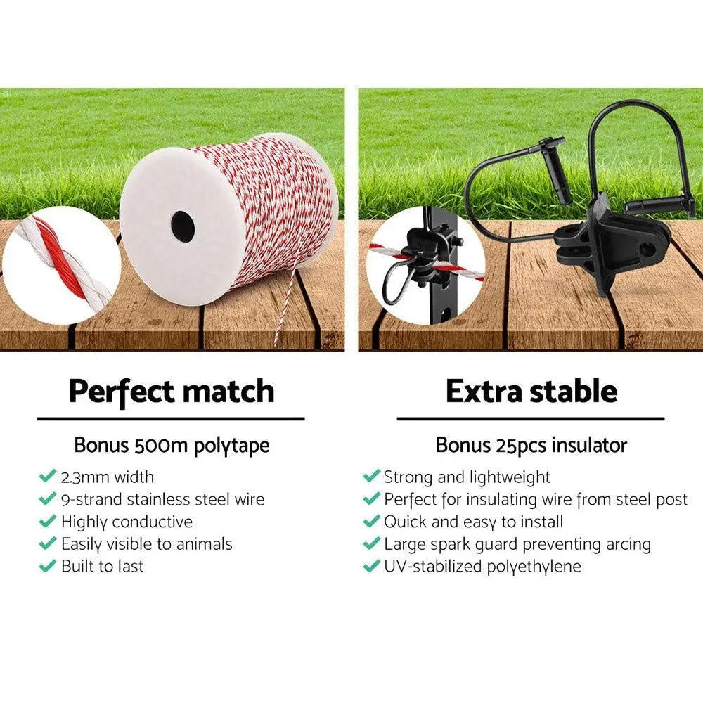 Giantz 3km Solar Electric Fence Energiser Charger with 500M Tape and 25pcs Insulators Deals499