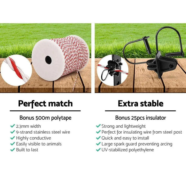 Giantz 3km Solar Electric Fence Energiser Charger with 500M Tape and 25pcs Insulators Deals499