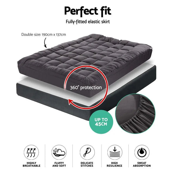 Giselle Double Mattress Topper Pillowtop 1000GSM Charcoal Microfibre Bamboo Fibre Filling Protector Giselle