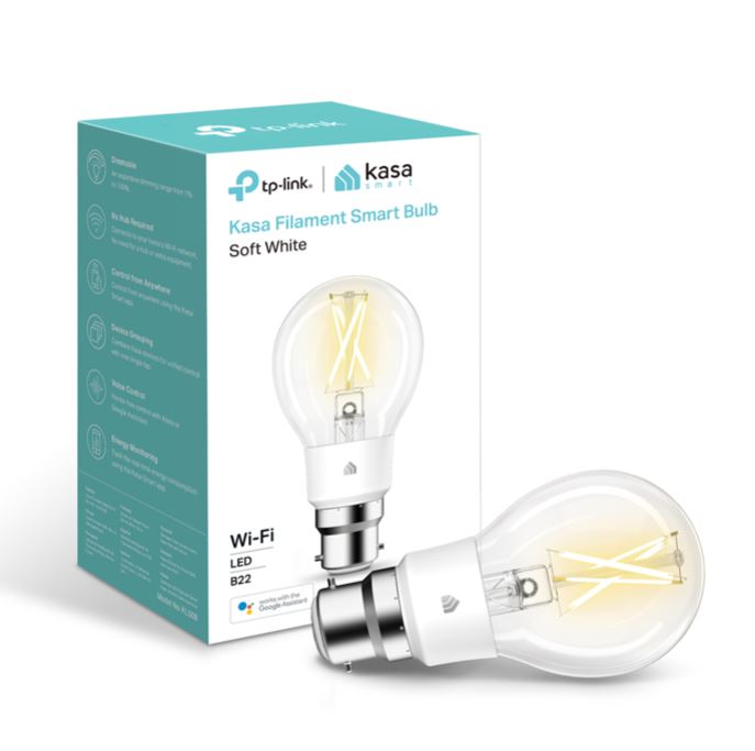 TP-Link KL50B Kasa Filament Smart Bulb, Soft White, Bayonet, Dimmable, No Hub Required, Voice Control, 2700K, 7kWh/1000h, 2.4 GHz, 2 Year Warranty TP-LINK