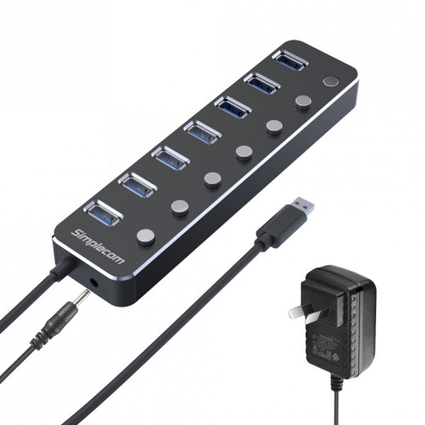 Simplecom CH375PS Aluminium 7 Port USB 3.0 Hub with Individual Switches and Power Adapter SIMPLECOM
