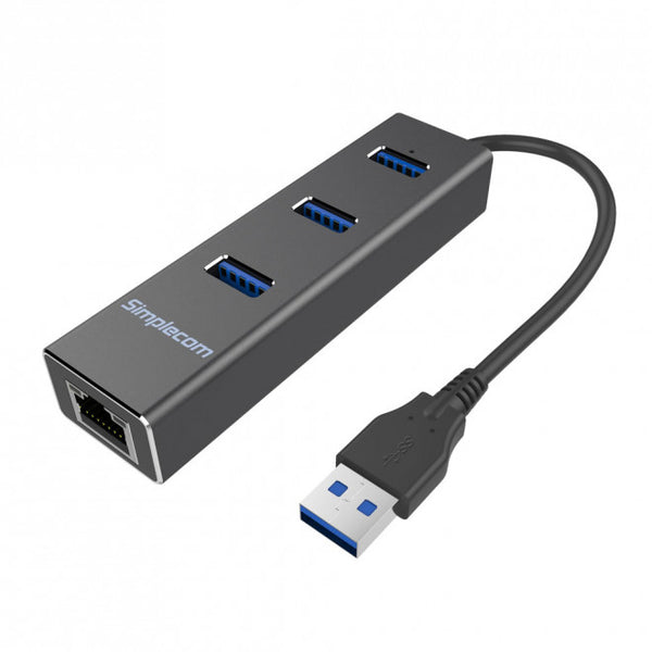 SIMPLECOM CHN410 Black Aluminium 3 Port USB 3.0 HUB with Gigabit Ethernet Adapter 1000Mbps for PC MAC - CBAT-USBCLAN - USMB-MB-HUB33E - NWTL-UE330 SIMPLECOM