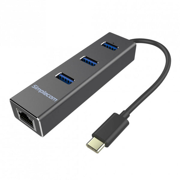 SIMPLECOM CHN411 Black Aluminium USB Type C to 3 Port USB 3.0 Hub with Gigabit Ethernet Adapter - CBAT-USBCLAN SIMPLECOM