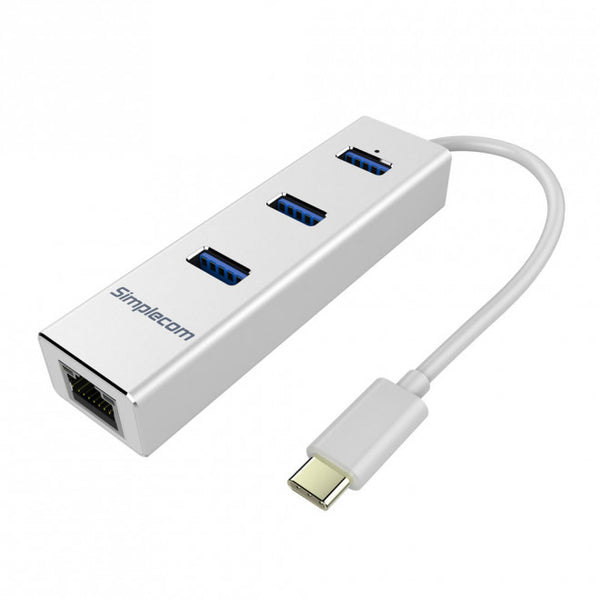 SIMPLECOM CHN411 Silver Aluminium USB Type C to 3 Port USB 3.0 Hub with Gigabit Ethernet Adapter - CBAT-USBCLAN SIMPLECOM