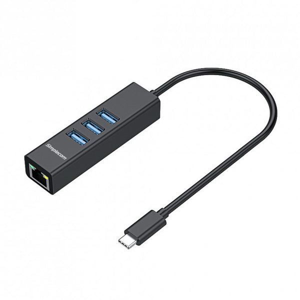 SIMPLECOM CHN421 Black Aluminium USB-C to 3 Port USB HUB with Gigabit Ethernet Adapter - CBAT-USBCLAN SIMPLECOM