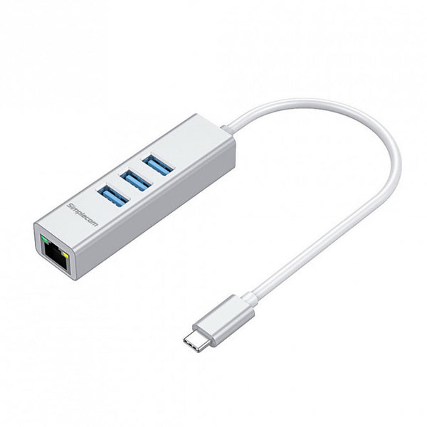 SIMPLECOM CHN421 Silver Aluminium USB-C to 3 Port USB HUB with Gigabit Ethernet Adapter - CBAT-USBCLAN SIMPLECOM