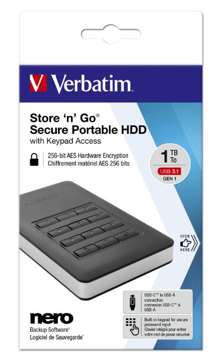 VERBATIM Store 'n' Go Secure Portable HDD with Keypad Access 1TB - Black VERBATIM