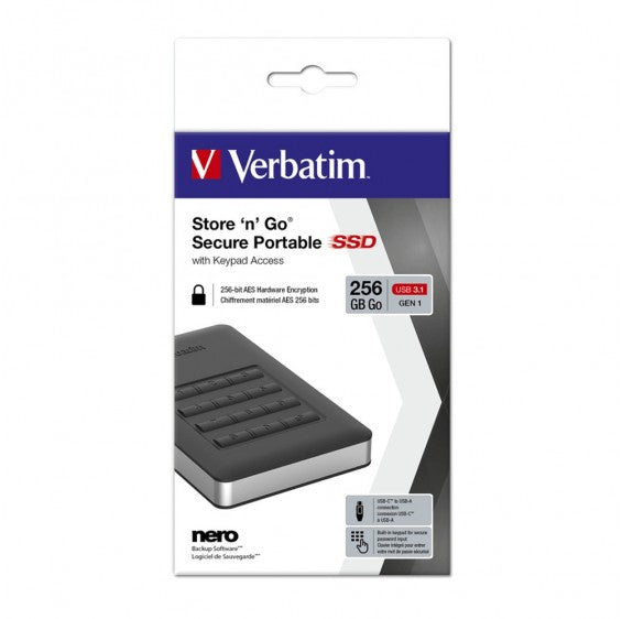 VERBATIM USB 3.1 Store'n'Go Secure SSD w/Keypad Access 256GB - Black VERBATIM
