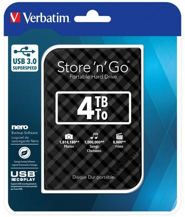 VERBATIM 4TB 2.5' USB 3.0 Black Store'n'Go HDD Grid Design VERBATIM