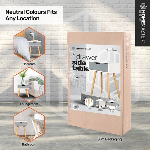 Home Master 1 Drawer Side Table Modern Sleek &amp; Stylish Neutral Design 61cm Deals499