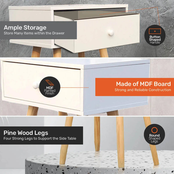 Home Master 1 Drawer Side Table Sleek Modern &amp; Stylish Neutral Design 61cm Deals499