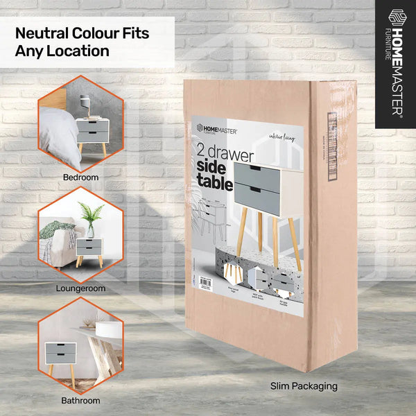 Home Master 2 Drawer Side Table Modern Sleek &amp; Stylish Neutral Design 61cm Deals499